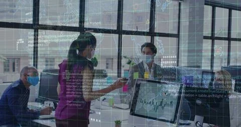 Image of data processing over diverse business people in office Stock Photos