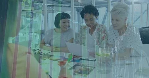 Image of data processing over diverse business people at office Stock Photos