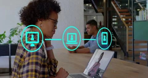 Image of data processing over diverse business people in office Stock Photos