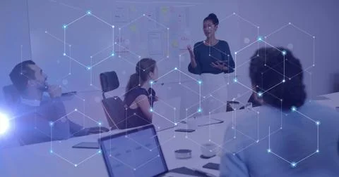 Image of data processing over diverse business people in office Stock Photos