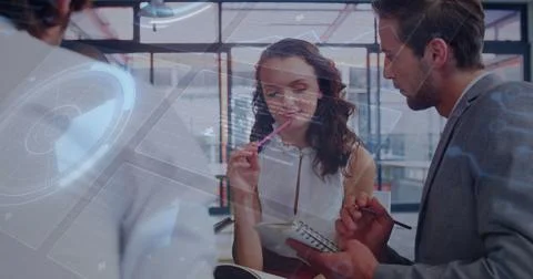 Image of data processing over diverse business people in office Stock Photos