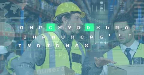 Image of data processing over diverse workers in warehouse Stock Photos