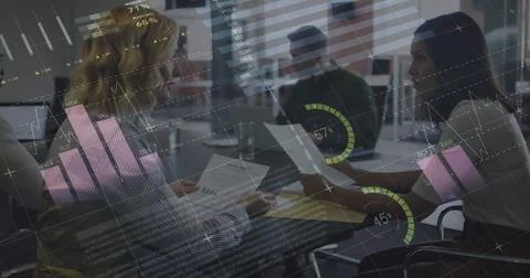 Image of data processing over diverse business people talking Stock Photos