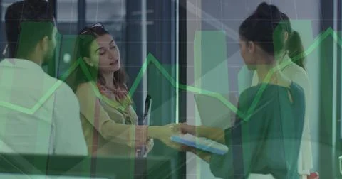 Image of data processing over diverse business people talking Stock Photos
