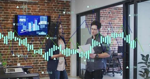 Image of data processing over diverse business people in office Stock Photos