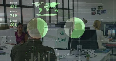 Image of data processing over diverse business people working in office Stock Photos