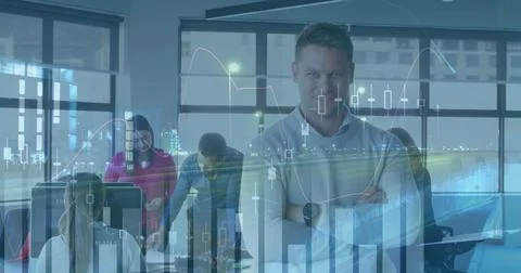 Image of data processing over diverse business people discussing at meeting Stock Photos