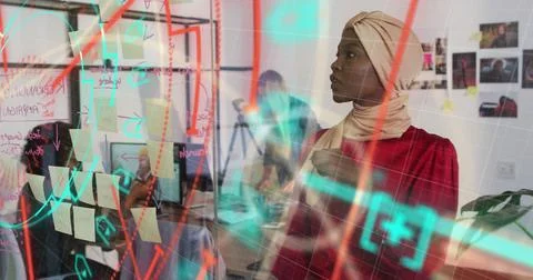 Image of data processing over diverse business people in office Stock Photos