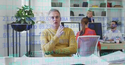 Image of data processing over diverse business people in office Stock Photos