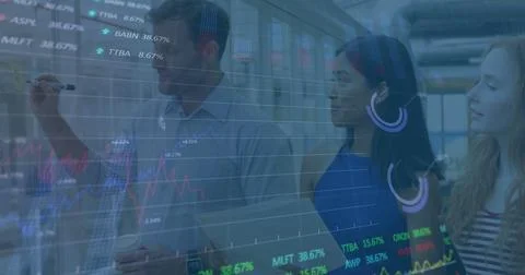 Image of data processing over diverse business people in office Stock Photos