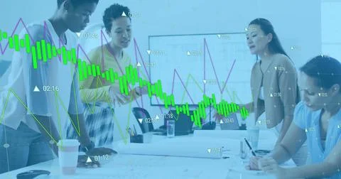 Image of data processing over diverse business people talking in office Stock Photos