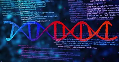 Image of data processing over dna strand on black background Stock Illustration