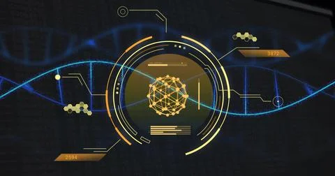 Image of data processing over dna strand on black background Stock Illustration