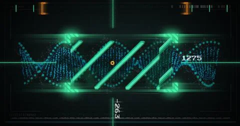 Image of data processing over dna strand on black background 스톡 일러스트