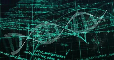 Image of data processing over dna strand and molecules on black background イラスト素材