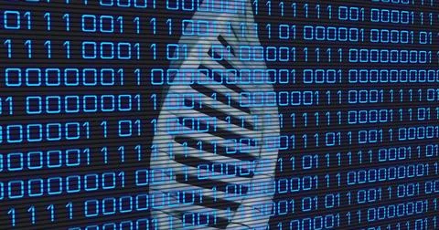 Image of data processing over dna strand on black background 写真素材