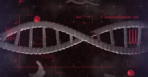 Image of data processing over dna strand Foto stock