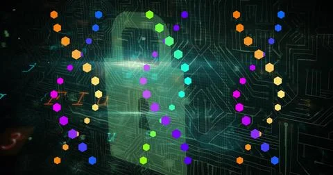 Image of data processing over dna strands and padlock Stock Photos