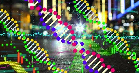 Image of data processing over dna strands and cityscape Foto stock