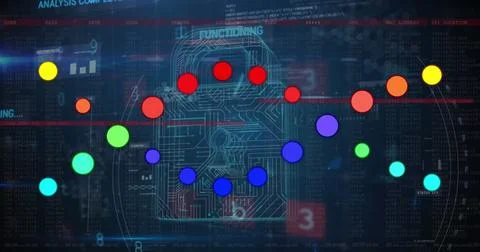 Image of data processing over dna strand and padlock Stock Photos