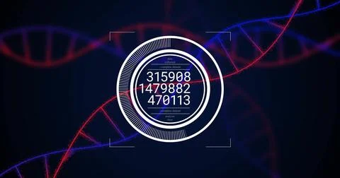 Image of data processing over dna strands on black background 스톡 사진