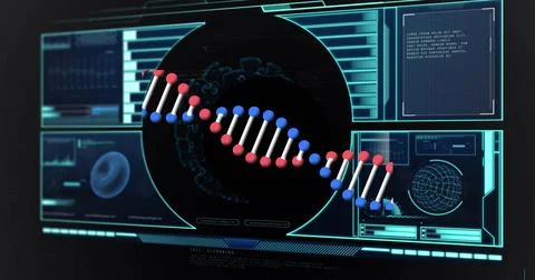 Image of data processing over dna strand Stock Photos