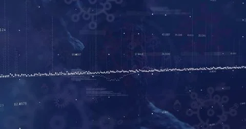 Image of data processing over dna structure and covid-19 cell icons against blue Stock Photos