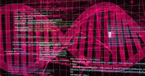 Image of data processing over dna strand on black background Stock Photos