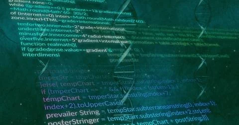 Image of data processing over dna strands on green background Foto stock