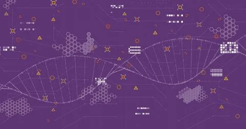 Image of data processing over dna strand on purple background Foto stock