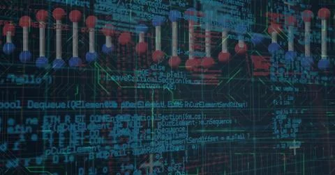 Image of data processing over dna strand Foto stock