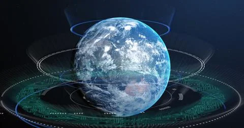 Image of data processing over earth globe on blue background Stock Photos