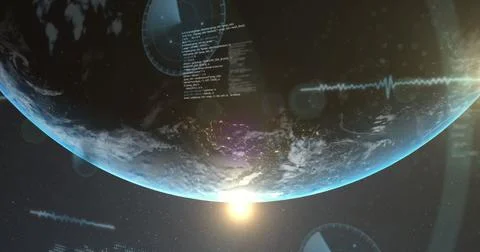 Image of data processing over earth in universe on blue background Stockfoto's