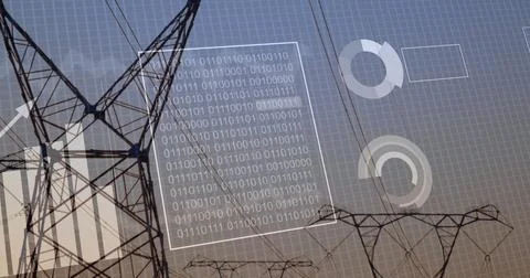 Image of data processing over electricity pylons 스톡 사진