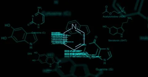 Image of data processing over element diagrams on black background 스톡 사진
