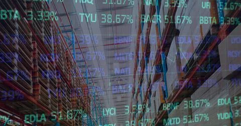 Image of data processing over empty warehouse Illustrazione stock