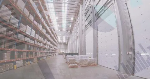 Image of data processing over empty warehouse 스톡 사진