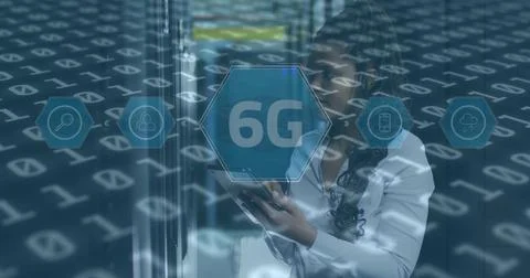 Image of data processing over female african american server room worker Stock Illustration