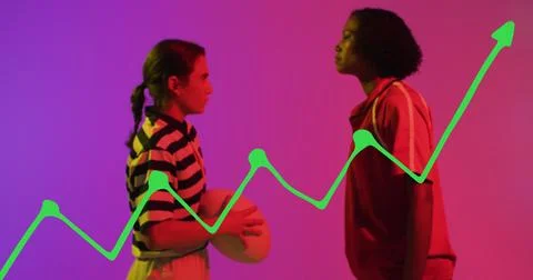 Image of data processing over female rugby players on neon background Stock Photos