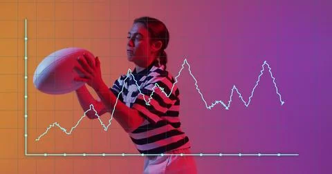 Image of data processing over female rugby player on neon background 스톡 사진