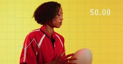 Image of data processing over female rugby player on neon background Stock Photos