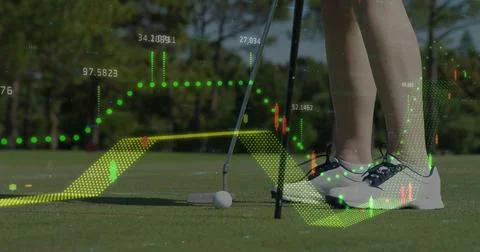Image of data processing over female golf player on golf course Fotos Stock