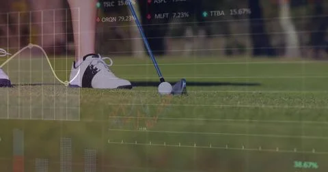 Image of data processing over female golf player on golf course Stock Photos
