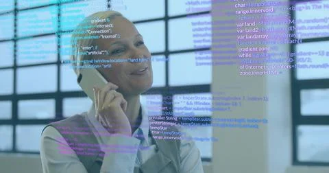 Image of data processing over female architect on smartphone in office 写真素材