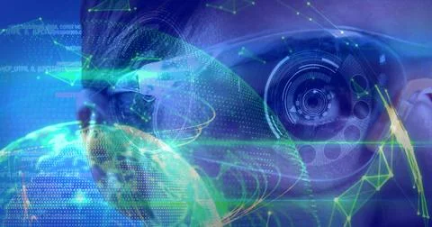 Image of data processing over female scientist with virtual glasses 스톡 사진