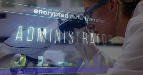 Image of data processing over female scientist using microscope Stock Photos