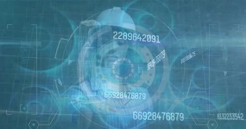 Image of data processing over female worker on blue background Stock Photos