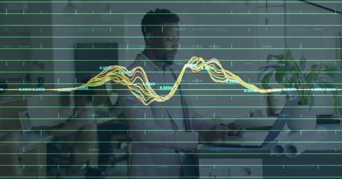 Image of data processing over financial data processing over delivery man Stock Photos