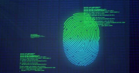 Image of data processing over fingerprint icon on blue background Stock Illustration
