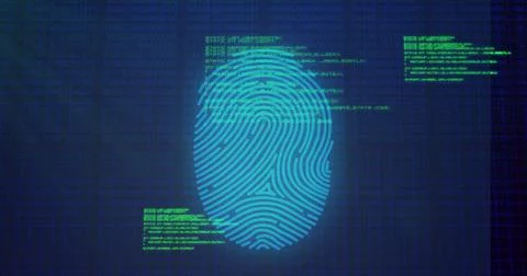 Image of data processing over fingerprint icon on blue background Illustrazione stock